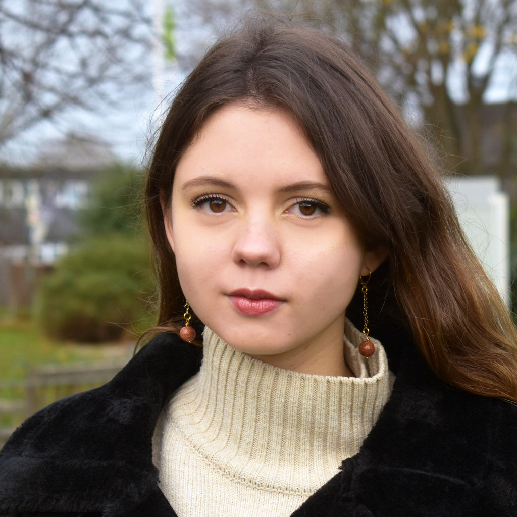 Brown Goldstone and Yellow Gold Vermeil Earrings, Heart Chain Earrings, Bloom Collection | by nlanlaVictory