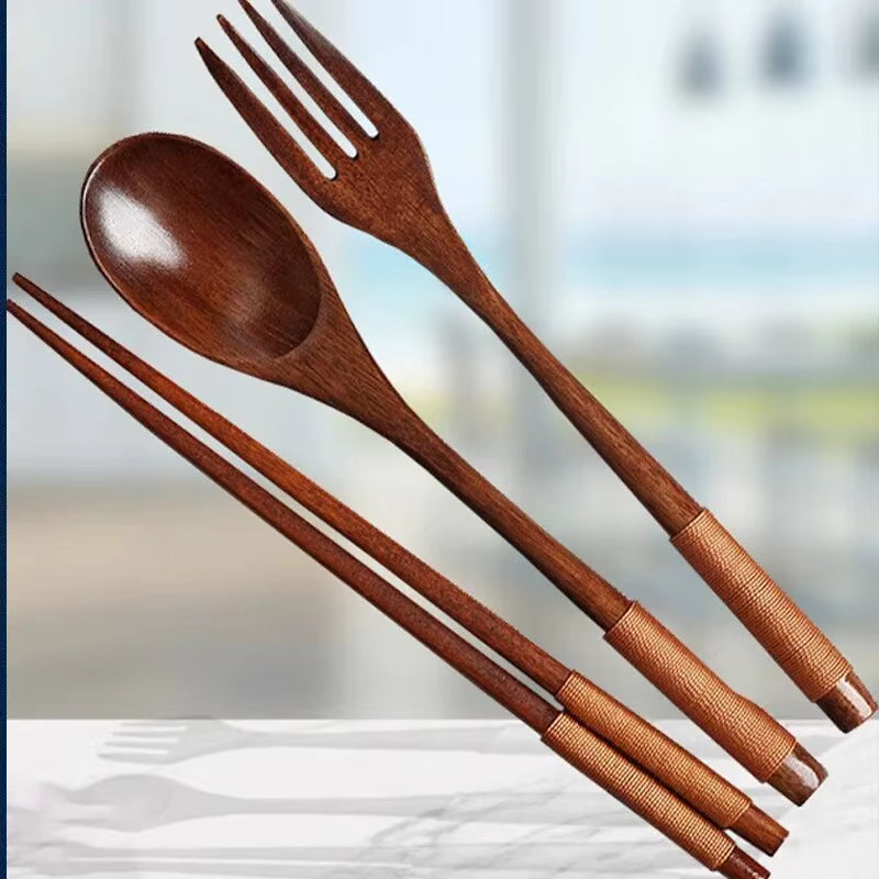 1Pc Wooden Chopsticks Fork Spoon Three-Piece Set Twine Japanese-Style Tableware Kitchen Home Chopsticks Fork Spoon Cutlery Set