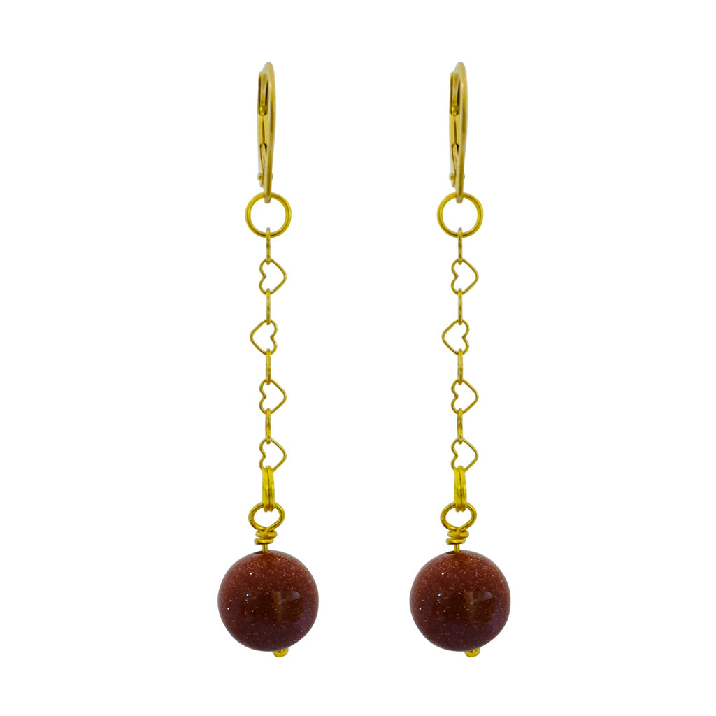 Brown Goldstone and Yellow Gold Vermeil Earrings, Heart Chain Earrings, Bloom Collection | by nlanlaVictory