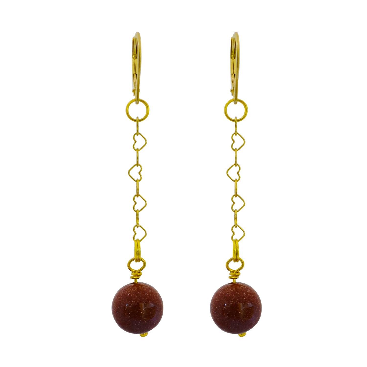 Brown Goldstone and Yellow Gold Vermeil Earrings, Heart Chain Earrings, Bloom Collection | by nlanlaVictory